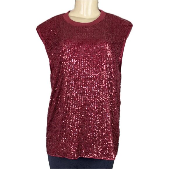 Timing L Red Wine Sequin Crew Knit Neck Padded Shoulders Sleeveless Tank Blouse - Picture 2 of 6
